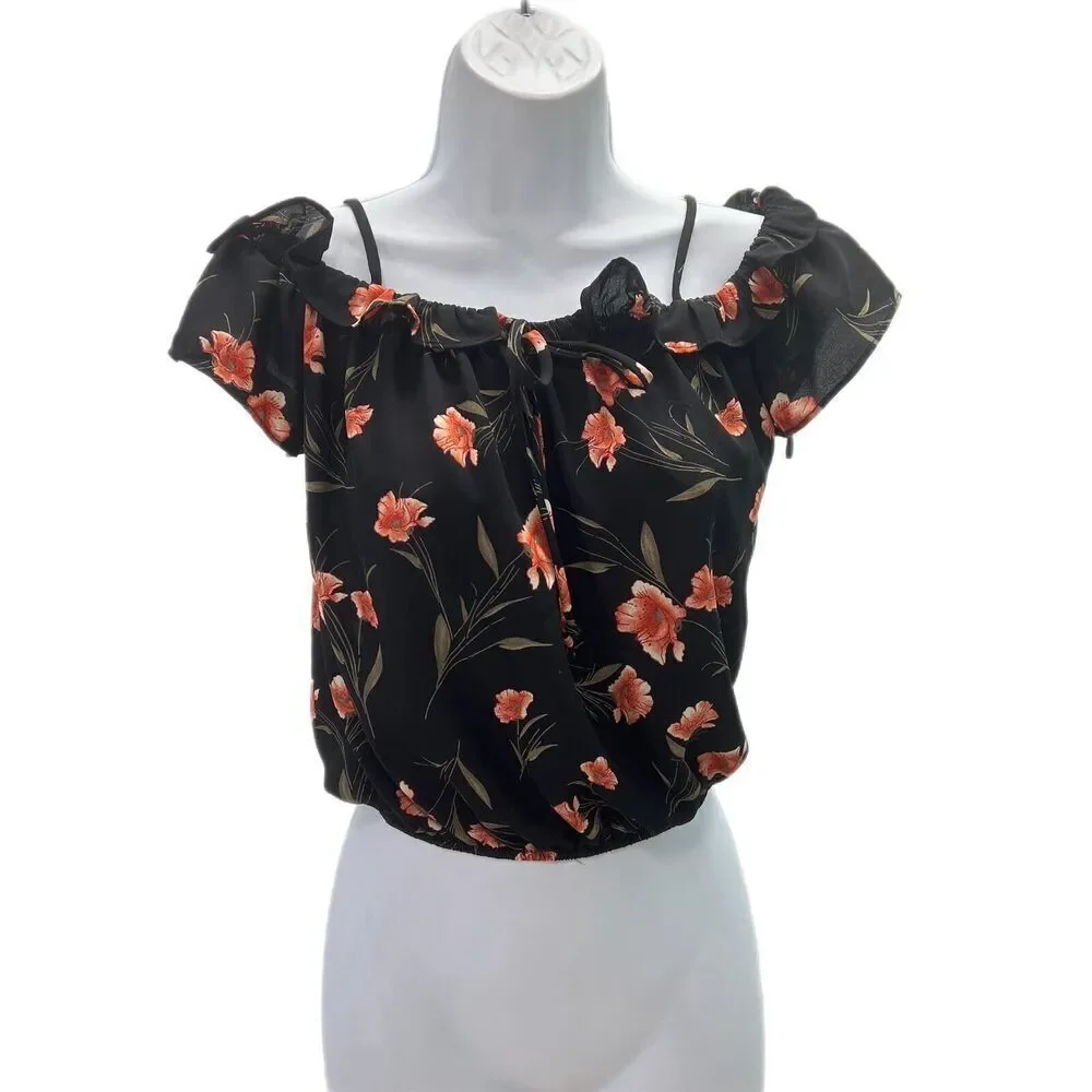 SIENNA SKY Top Women Size XS Floral Short Flutter Sleeve Cropped Peasant Blouse